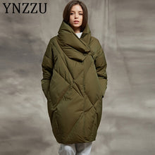 Load image into Gallery viewer, YNZZU 2019 Winter Bread Down Jacket Women Army Green Elegant Mid-Long Loose Thick Warm Coat White Goose Down Female Jacket AO563