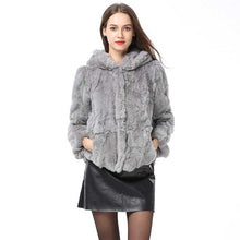 Load image into Gallery viewer, Women New Real Rabbit Fur Coat Hooded Natural Rex Rabbit Fur Coat Fashion Slim Thin Rabbit Fur Coat with Hood Genuine Fur Jacket