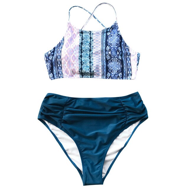 CUPSHE Boho Geo Print Shirring Bikini Set Women Lace Up Shirring Two Pieces Swimsuit 2020 Beach Bathing Suit Swimwear
