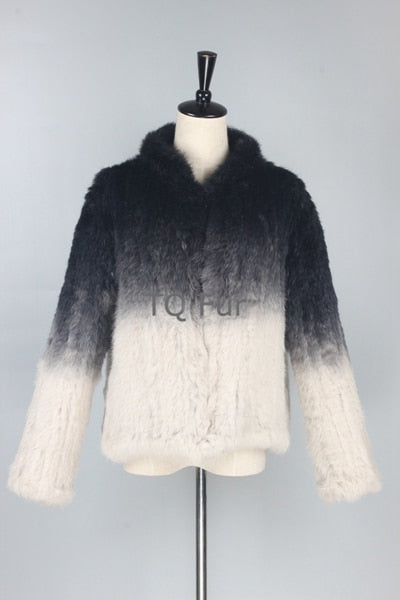 Real Genuine Rabbit Fur Gradient Knit Coat Thick Jacket Overcoat Qulity A