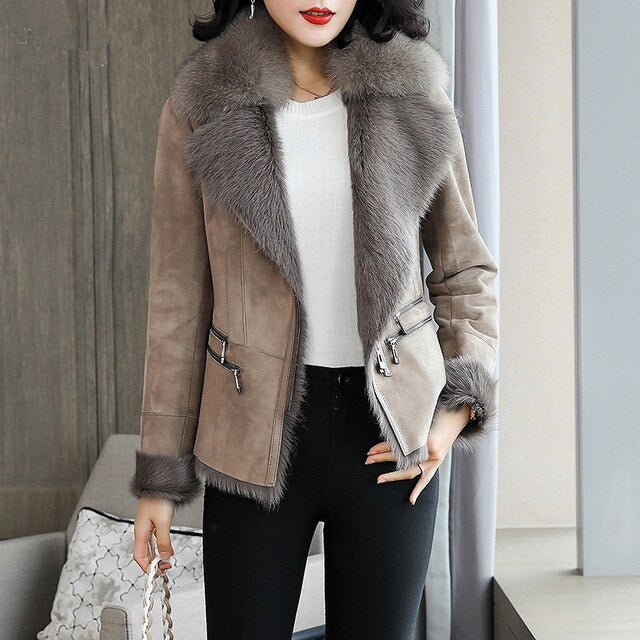 Double Faced Fur Coat Female Natural Wool Fur Coats Winter Jacket Women Fox Fur Collar Genuine Leather Jacket MY4081