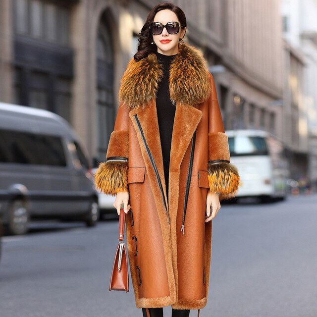 Faced Double Real Fur Coat Female Genuine Leather Jacket Winter Coat Women Raccoon Fur Collar Luxury Wool Coats MY4401 s