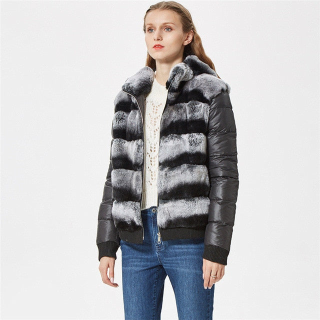 natural short rex rabbit fur coat women winter natural fur jacket with fur hood fanshion new outwear down sleeves coat  sporty
