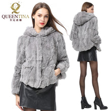 Load image into Gallery viewer, Women New Real Rabbit Fur Coat Hooded Natural Rex Rabbit Fur Coat Fashion Slim Thin Rabbit Fur Coat with Hood Genuine Fur Jacket
